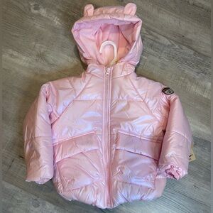 Bearpaw Girl's Puffer Coat Size 2T NEW Light Pink Metallic With Teddy Ears Hood